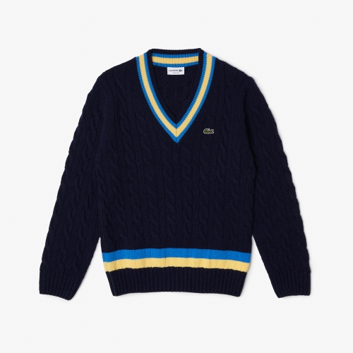 Men's Lacoste Classic Fit V-Neck Contrast Striped Wool Sweater