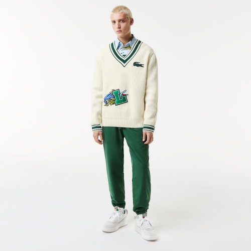 Men's Lacoste Holiday Comic Badge Striped V-Neck Sweater