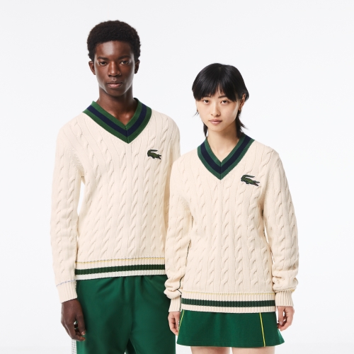 Unisex Lacoste V-Neck Cable Knit Sweater in Organic Cotton